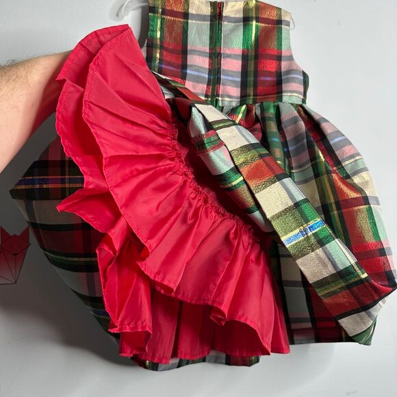 Bonnie Baby Holiday Metallic Shimmery Plaid Dress Gold Bow Size 24 Months - Picture 3 of 7